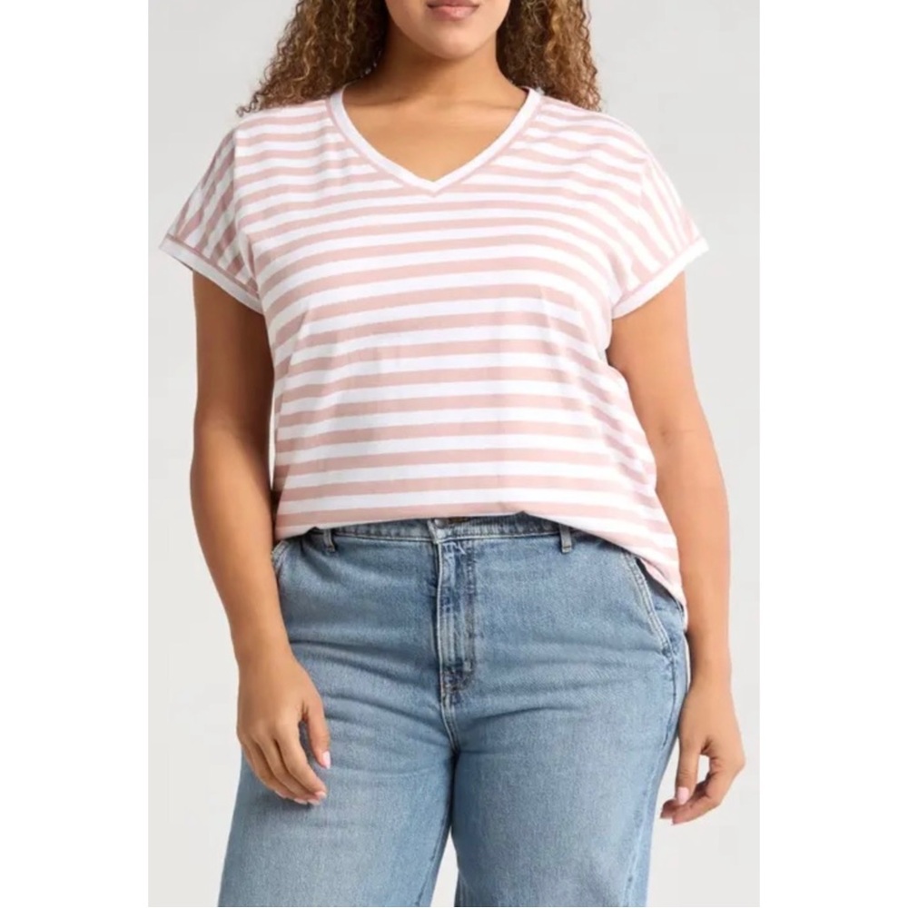 Caslon Stripe Cotton V-Neck T-Shirt Pink and White Women's Basic relaxed fit
